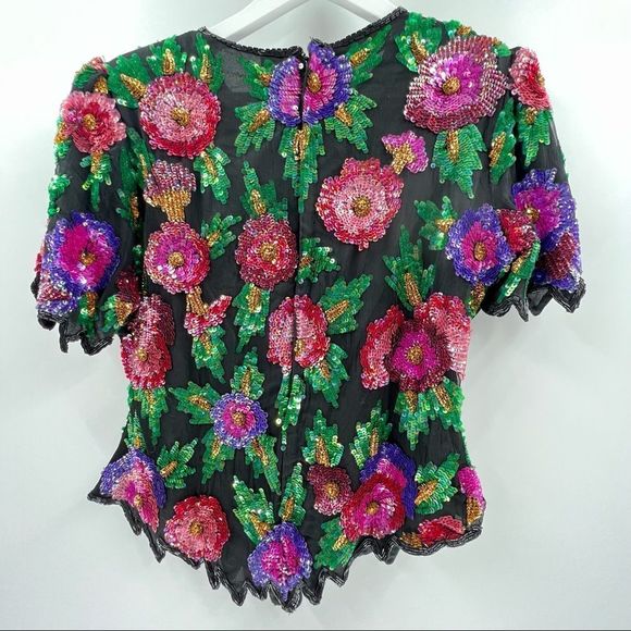 Laurence Kazar Beaded Pink Black and Purple Silk Floral Top, size Large - Picture 2 of 7